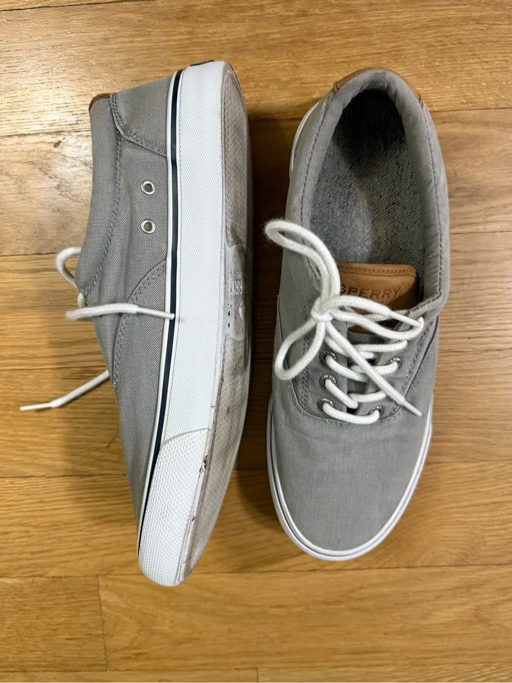 Sperry Men’s Gray Canvas Boat Shoes with White Laces, Size 11